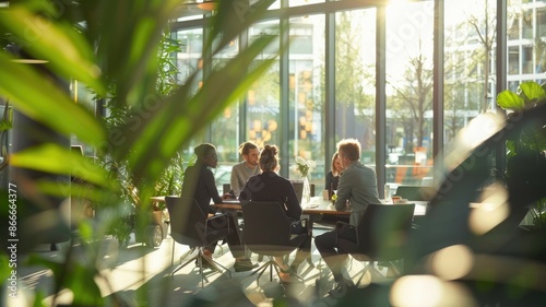 In a welllit, modern coworking space filled with green plants, a diverse group of people are working together. AIG53M