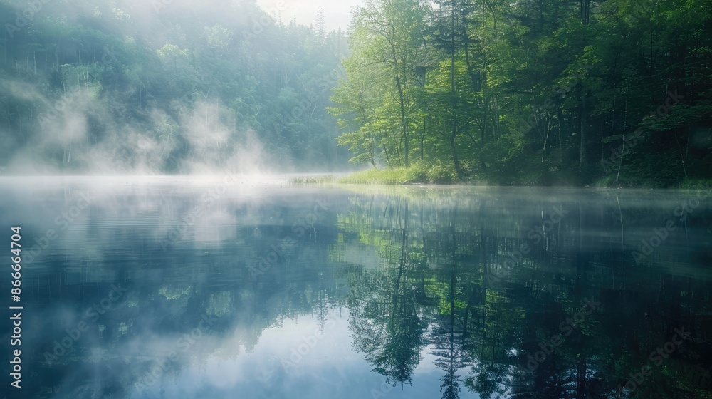 Surreal ambiance: foggy mist veils the lake, trees casting ethereal reflections, creating a mesmerizing scene of natural tranquility Surreal ambiance: foggy mist veils the lake, trees casting ethereal reflections, creating a mesmerizing scene of natural tranquility