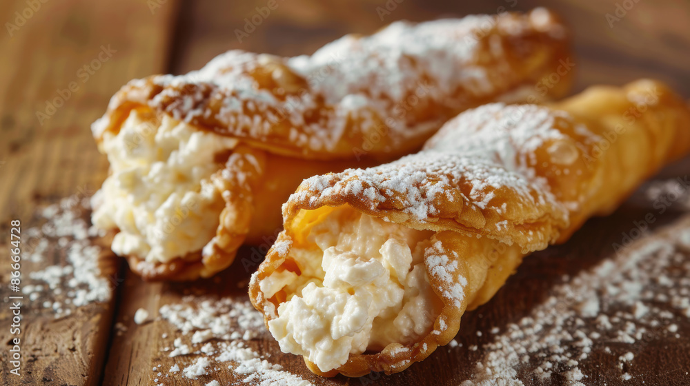 Traditional Italian Cannoli with Ricotta Filling and Powdered Sugar. Traditional Italian Cannoli with Ricotta Filling and Powdered Sugar.