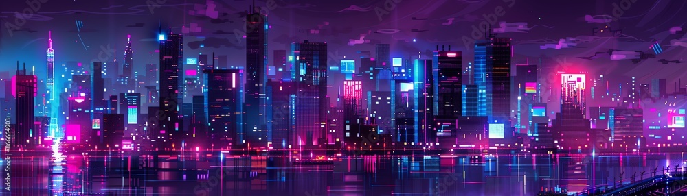 Futuristic neon skyline with vibrant colors and glowing buildings reflecting in water, capturing a cyberpunk cityscape at night.