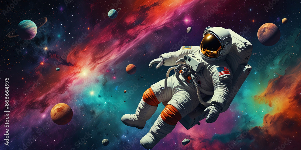 Fototapeta premium Astronaut in space colorful science technology science fiction