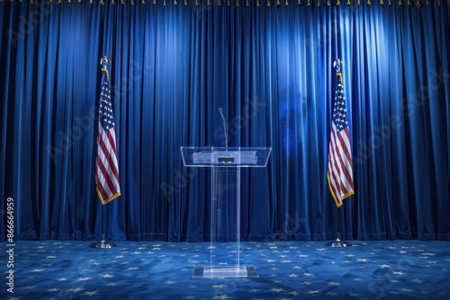 Podium with American Flags and Blue Curtains photo