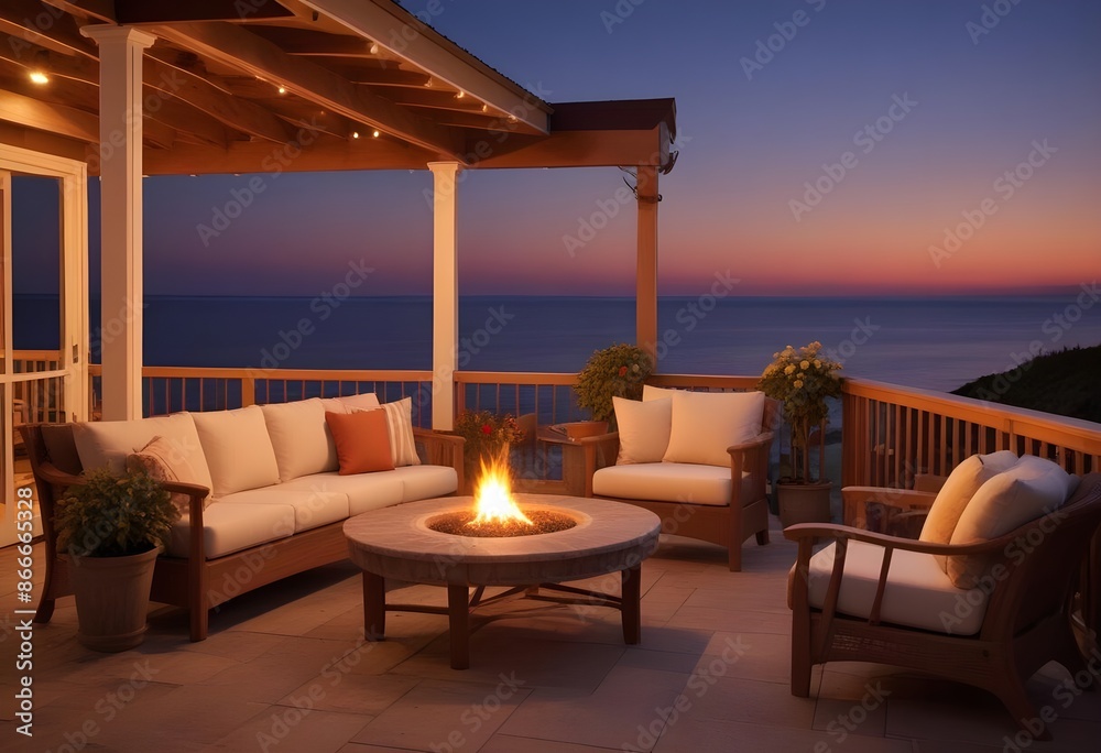 Fototapeta premium Warm outdoor patio in a modern classy villa by the sea at evening, warm light, candles, outdoor lights, sunset