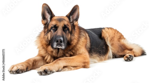 A vibrant image of a loyal German shepherd, isolated on a white background. © Surachet