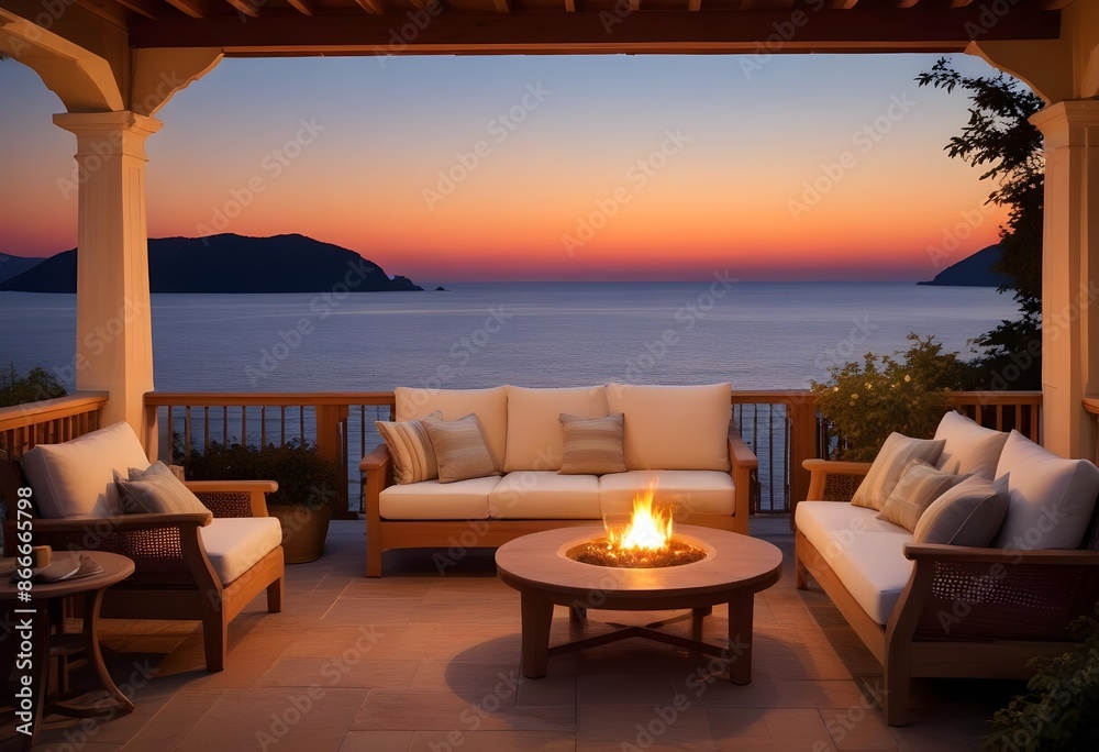Obraz premium Warm outdoor patio in a modern classy villa by the sea at evening, warm light, candles, outdoor lights, sunset