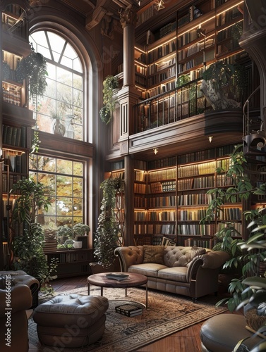 Cozy Library With Large Window And Floor To Ceiling Bookshelves