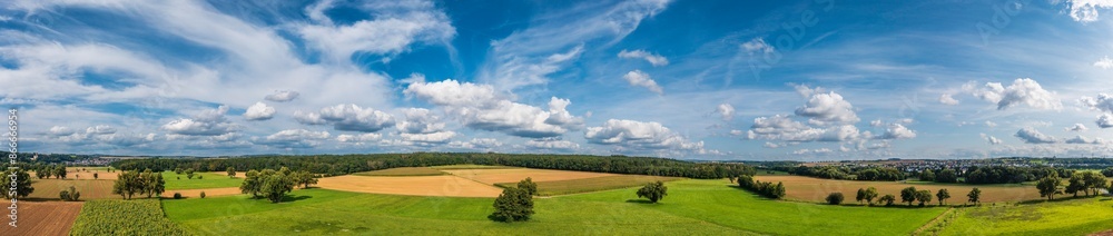 Obraz premium Bird's eye view of a summer landscape with fields and meadows in the Taunus