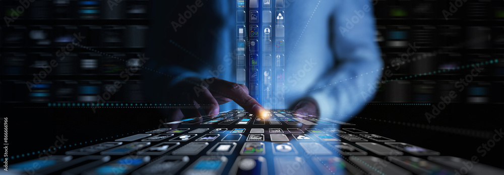 Εκτύπωση καμβά A data scientist interacts with a smartphone interface, managing and analyzing large volumes of data