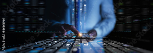 A data scientist interacts with a smartphone interface, managing and analyzing large volumes of data. The numerous data icons and graphs, advanced technology and digital tools in data science.