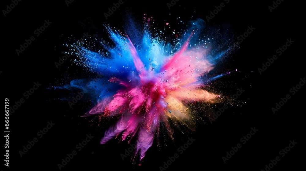 Multicolored powder exploding against a black background, creating an abstract and vibrant design with a sense of motion and energy