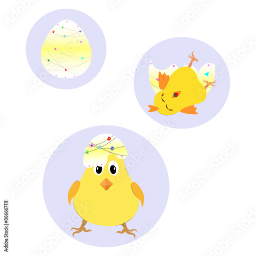 New Born baby Chicks and cracked egg shell isolated on white background, yellow baby chicks and ester themed, chicken evolution, kids cartoon concept design, cute chicks cartoon character