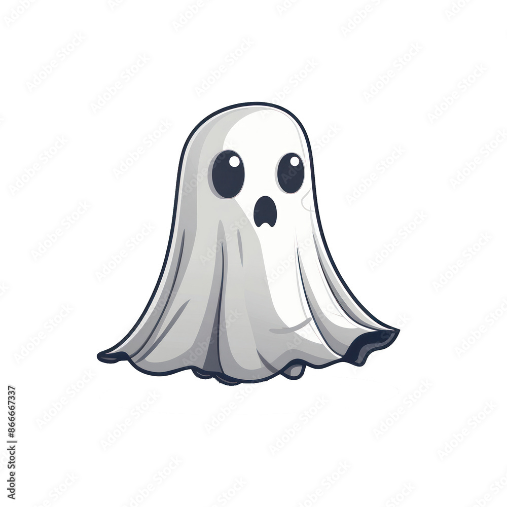 Cute cartoon ghost illustration on a white background, perfect for Halloween-themed designs and spooky decorations.