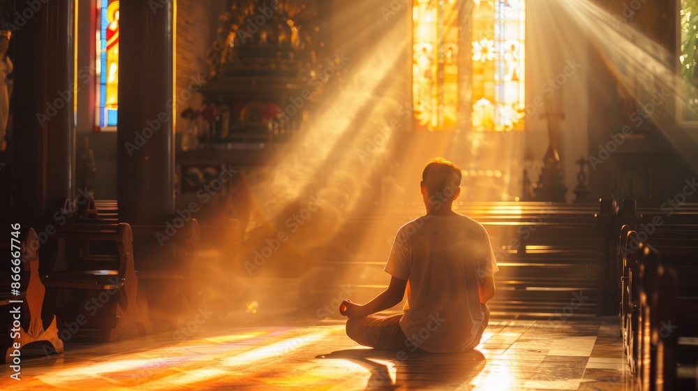 Tranquil moment: A man meditating in a sunlit church, with rays of light illuminating the sacred space, fostering a sense of peace Tranquil moment: A man meditating in a sunlit church, with rays of light illuminating the sacred space, fostering a sense of peace