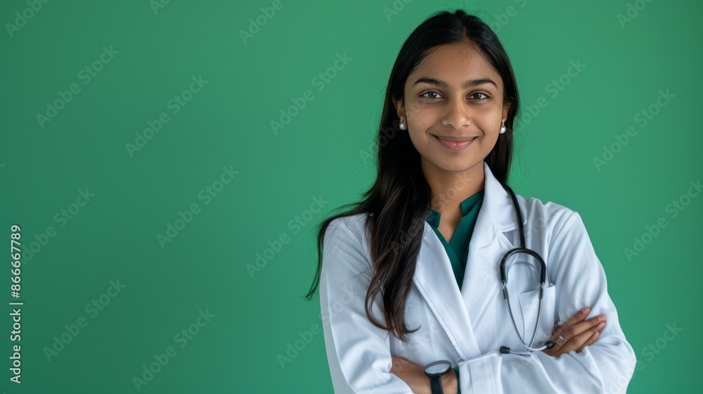 In a medical office, a female doctor confidently stands wearing a stethoscope, showcasing her expertise in healthcare In a medical office, a female doctor confidently stands wearing a stethoscope, showcasing her expertise in healthcare