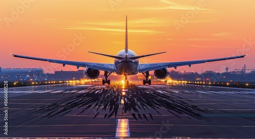 Airplane Taking Off at Sunset on a Runway