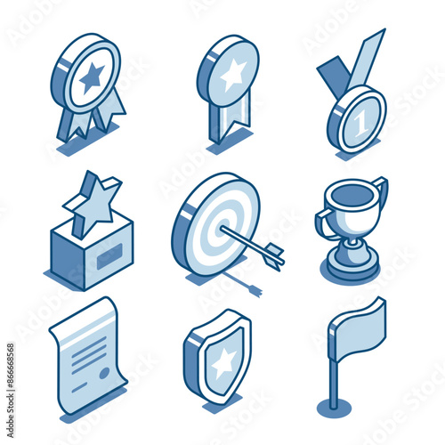 isometric vector set of linear icons in the form of awards, in color on a white background, cups and medals or victory and achieving a goal