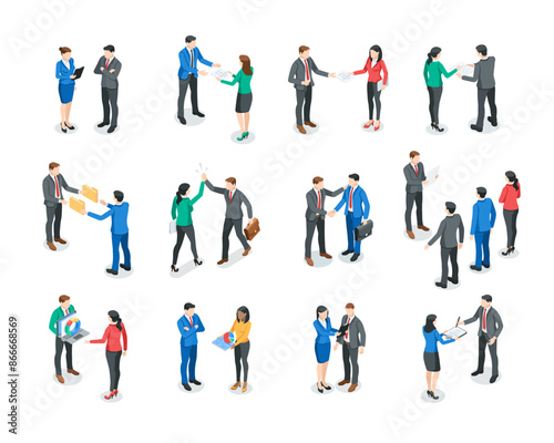 isometric vector set of business people in different work situations, in color on white background, office work or work relationships