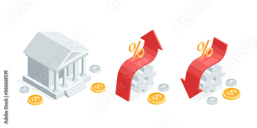 isometric vector bank and up and down arrows with gears and coins, in color on a white background, banking system or rise and fall of currency rates