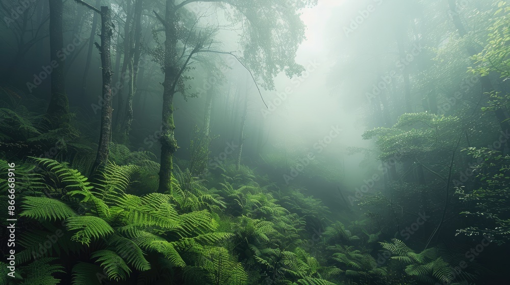 Tranquil woodland setting: A foggy day transforms the forest into a dreamlike scene of greenery and mist, inviting quiet contemplation Tranquil woodland setting: A foggy day transforms the forest into a dreamlike scene of greenery and mist, inviting quiet contemplation