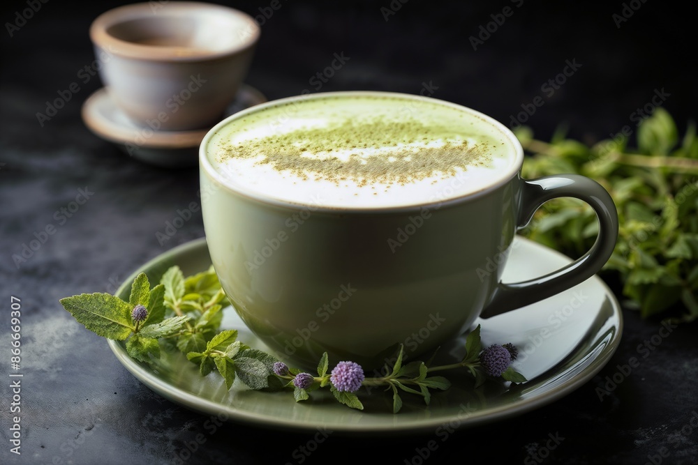 Frothy Green Matcha Latte in a Cup with Milk and Fresh Mint Garnish Frothy Green Matcha Latte in a Cup with Milk and Fresh Mint Garnish
