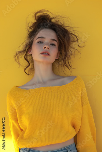 Junge Frau posiert auf gelbem Hintergrund © Fatih