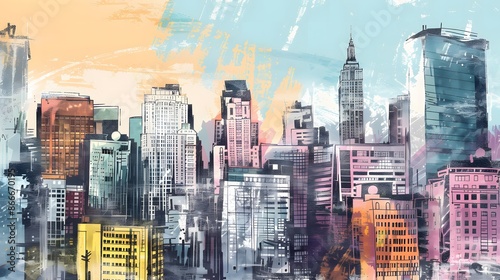 Hand sketched cityscape with buildings in soft pastel colors, in the style of urban sketches