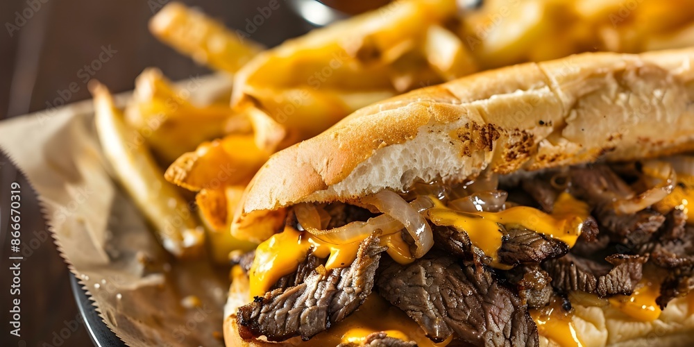 Closeup of a Philly cheesesteak sandwich with steak cheese onions and fries. Concept Food Photography, Close-Up Shots, Philly Cheesesteak, Fast Food, Delicious Fries Closeup of a Philly cheesesteak sandwich with steak cheese onions and fries. Concept Food Photography, Close-Up Shots, Philly Cheesesteak, Fast Food, Delicious Fries