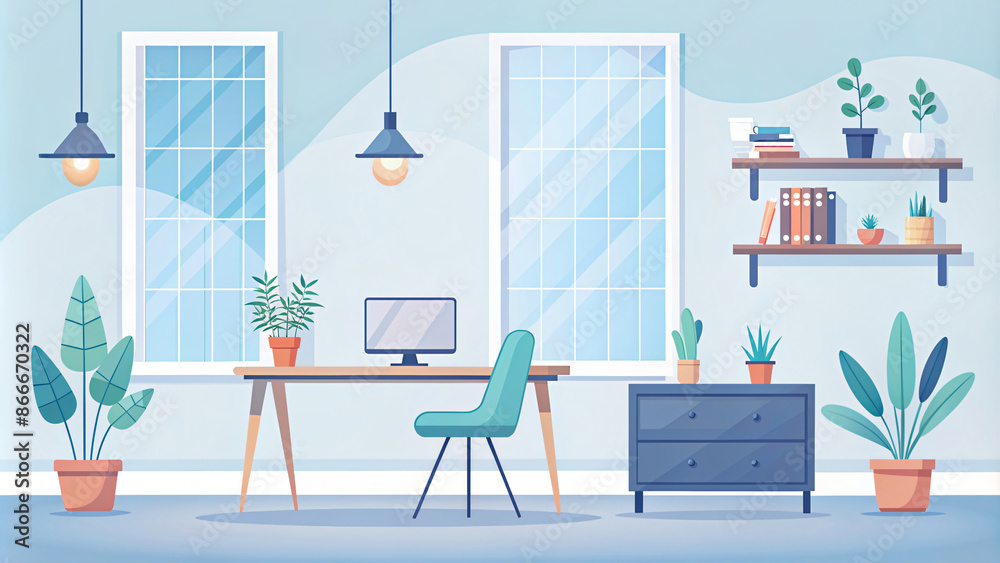 A light-filled office room with a wooden table and plush chairs A light-filled office room with a wooden table and plush chairs