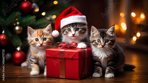 Three kittens with curious mood posing with Christmas gift against festive background. Generative AI © Janis