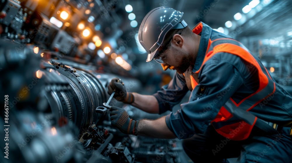 Industrial technician in safety gear working on machinery in a factory, showcasing precision and dedication in a high-tech environment. Industrial technician in safety gear working on machinery in a factory, showcasing precision and dedication in a high-tech environment.
