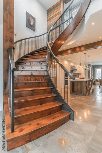 Curved wooden staircase with metal accents, creating a focal point in a modern, open-concept living space.
