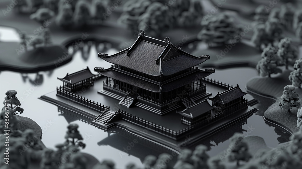 Model of an ancient Chinese building in black and gray tones Model of an ancient Chinese building in black and gray tones