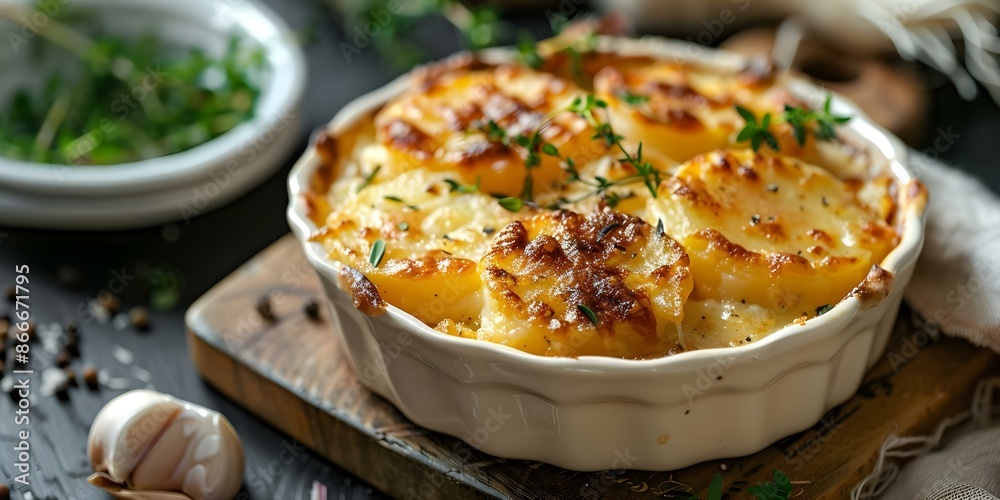 Frenchstyle scalloped potatoes with golden layered perfection. Concept Potato Gratin, French Cuisine, Scalloped Potatoes, Golden Layers, Comfort Food Frenchstyle scalloped potatoes with golden layered perfection. Concept Potato Gratin, French Cuisine, Scalloped Potatoes, Golden Layers, Comfort Food