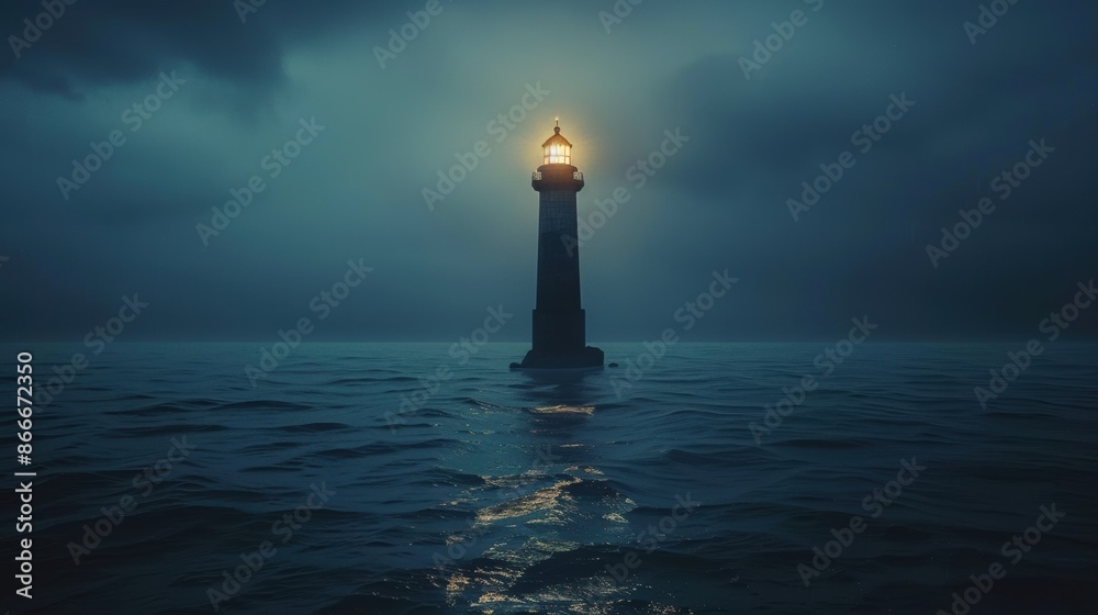 Fototapeta premium Majestic Lighthouse Standing Tall in the Darkness of the Night with Illuminated