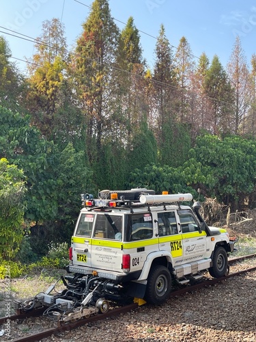 Train track test jeep in the forest