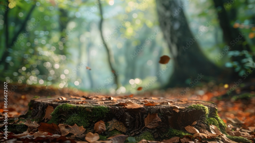 Obraz premium A Mossy Tree Stump in a Sun-Dappled Forest During Autumn