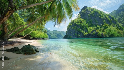 Tropical Paradise: Secluded Beach with Lush Green Cliffs and Clear Turquoise Waters