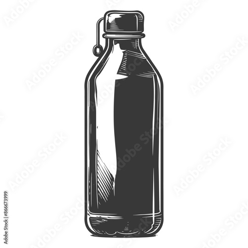 Vintage Etched Glass Bottle with Wire Bail Closure, Black and White Isolated.