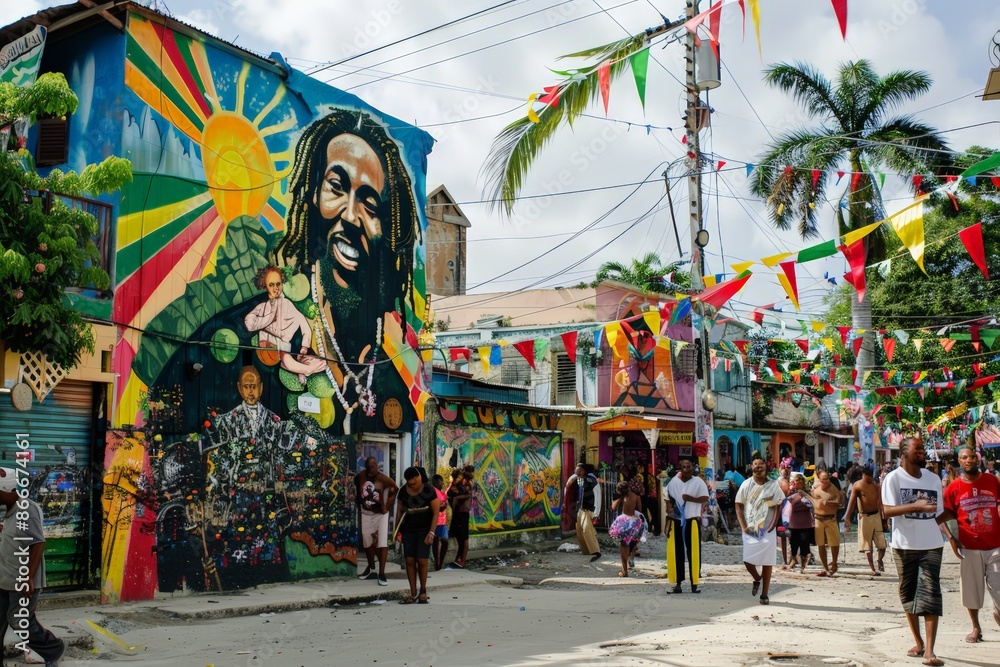 Naklejka premium Colorful Street Scene in Kingston, Jamaica with Vibrant Mural