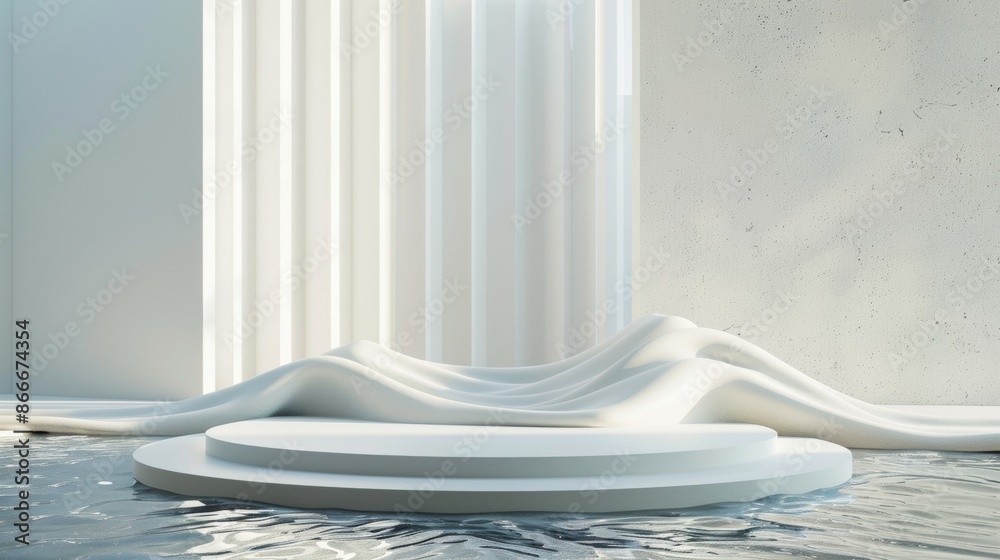 Abstract White Platform With Draped Fabric in a Minimalist Setting Abstract White Platform With Draped Fabric in a Minimalist Setting