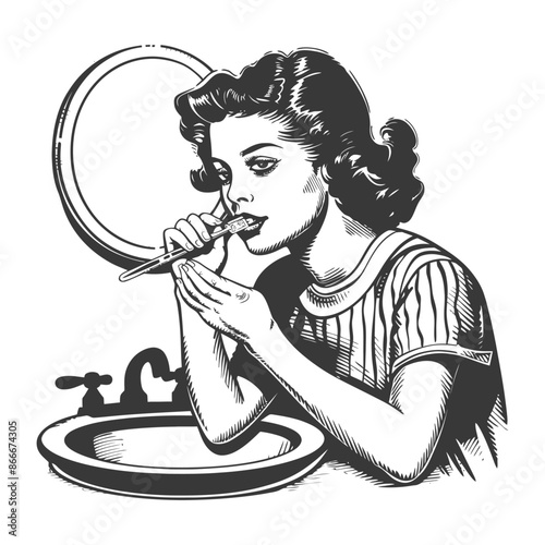 Woman Brushing Her Teeth in Front of a Mirror