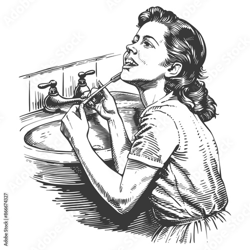 Woman Brushing Teeth in Bathroom Sink