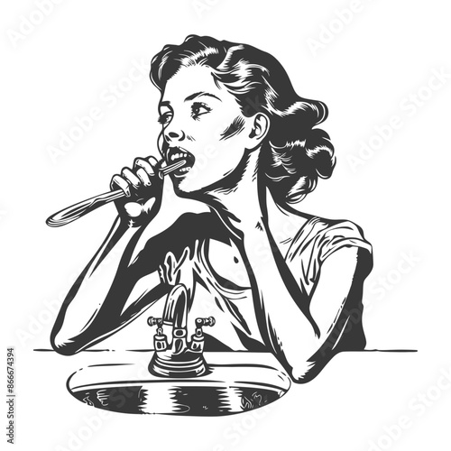Woman Brushing Teeth in a Bathroom Sink with a Faucet