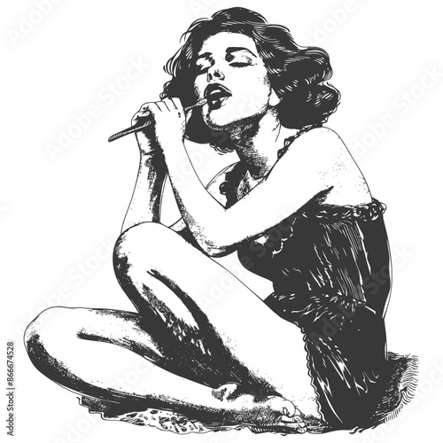 Vintage Ink: Lingerie-Clad Woman with Cigarette Holder, Seated Meditation, Dramatic Lighting, Fashion Illustration.