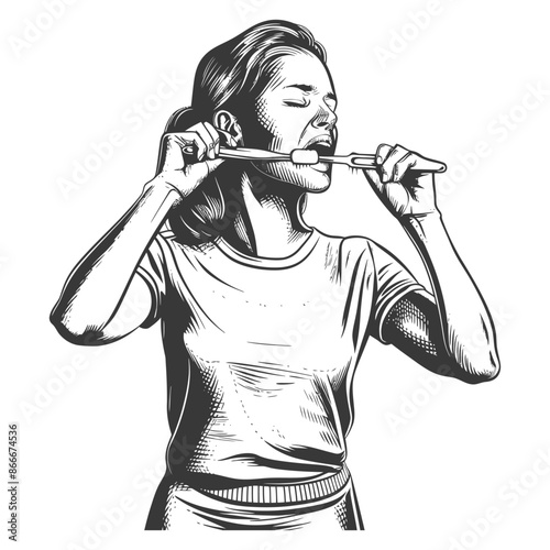 Engraved Woman Thoroughly Brushing Teeth, Eyes Closed, White Background.