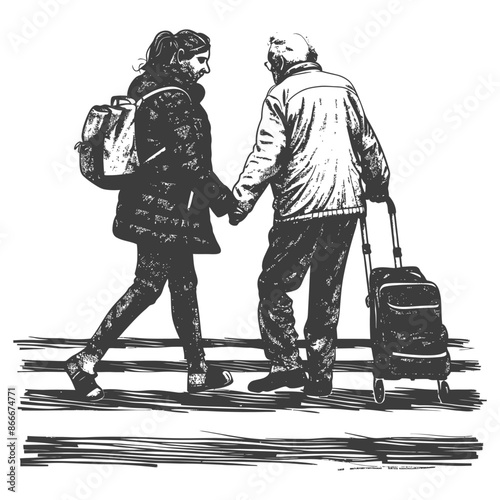 Hand-drawn: Young woman assisting elderly man with luggage, crosswalk.