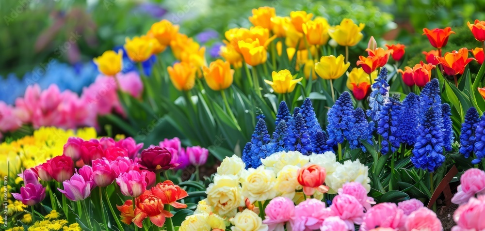 Vibrant Spring Flower Garden with Multicolored Tulips and Hyacinths