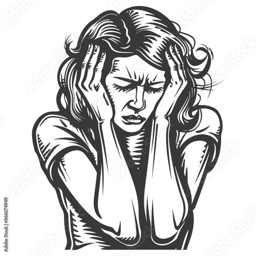 Engraved Woman with Headache, Hands on Head, Pain, Frustration, Distress.