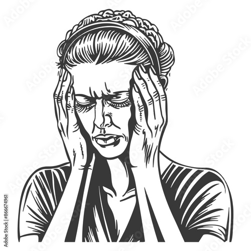 Vintage Engraving: Woman in Anguish, Headache, Brow Furrowed, Hands to Temples, Dramatic Black and White Illustration.