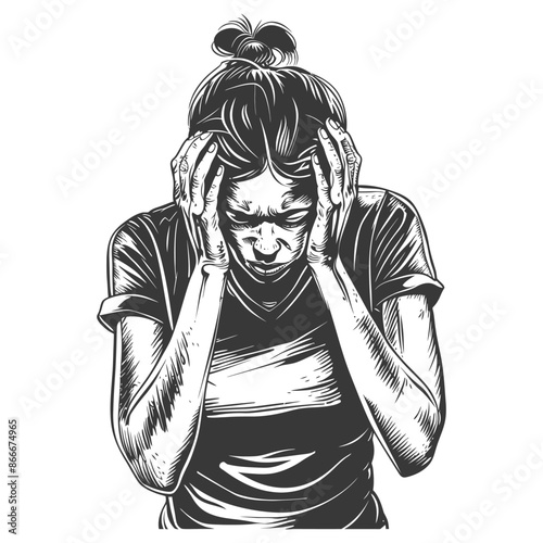 Engraved Woman Clutching Head: Despair, Stress, Anxiety, Monochrome Graphic.